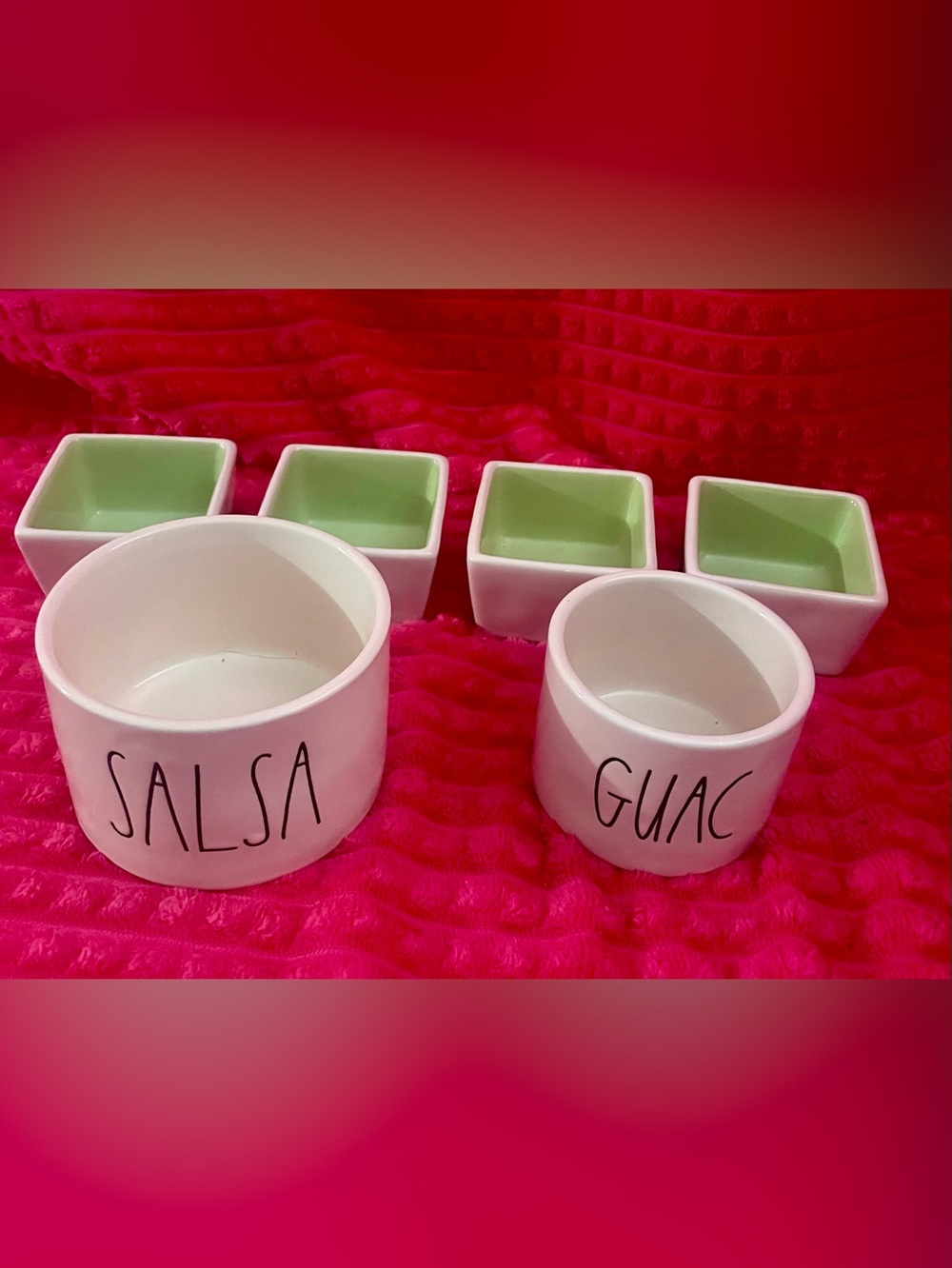 Rae Dunn White Ceramic Salsa & Guac Bowls with Green-Interior Square Dishes